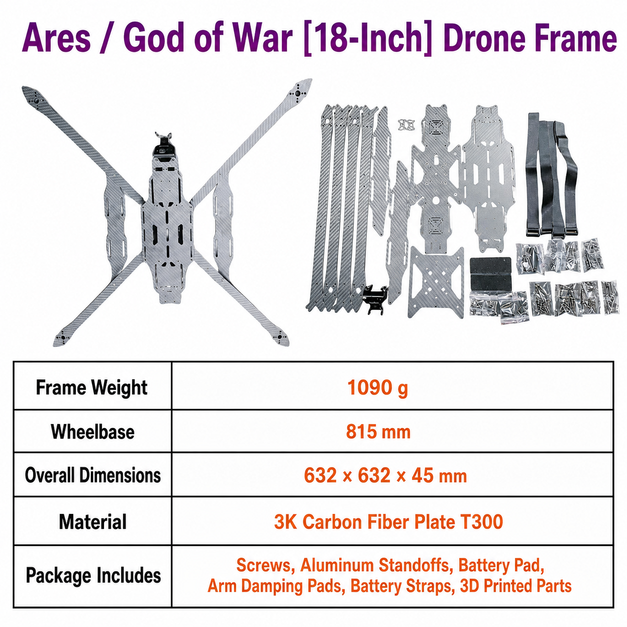 ARES 战神18英寸碳纤维 FPV 无人机机架及全套配件