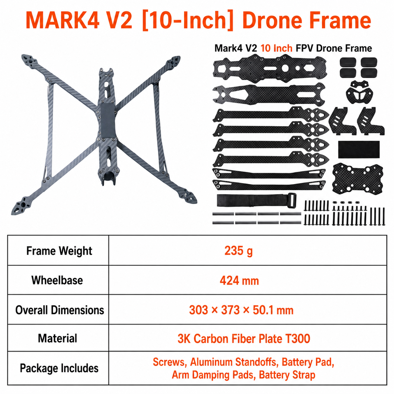 MARK4 V2 10英寸碳纤维 FPV 无人机机架及全套配件