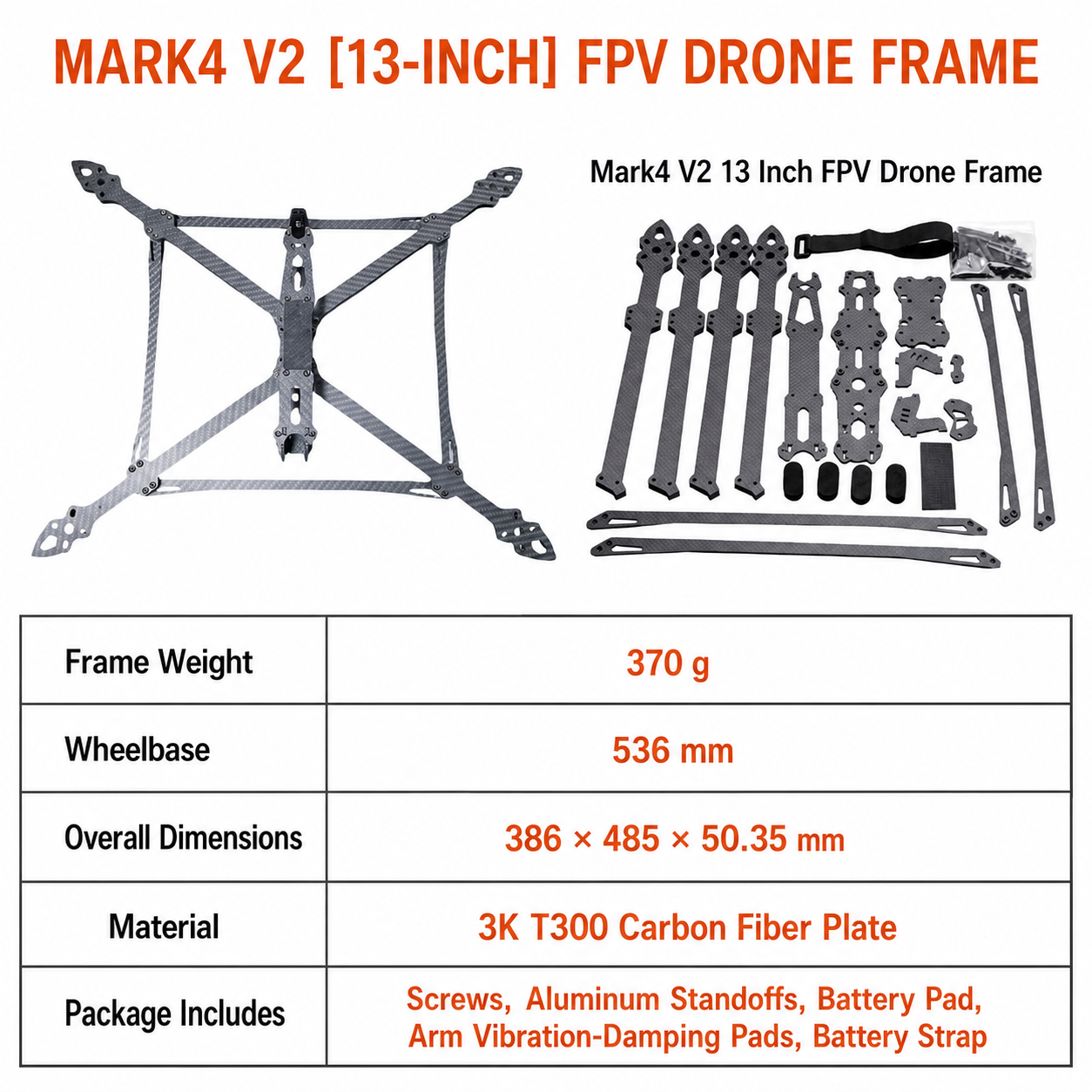 MARK4 V2 13英寸碳纤维 FPV 无人机机架及全套配件