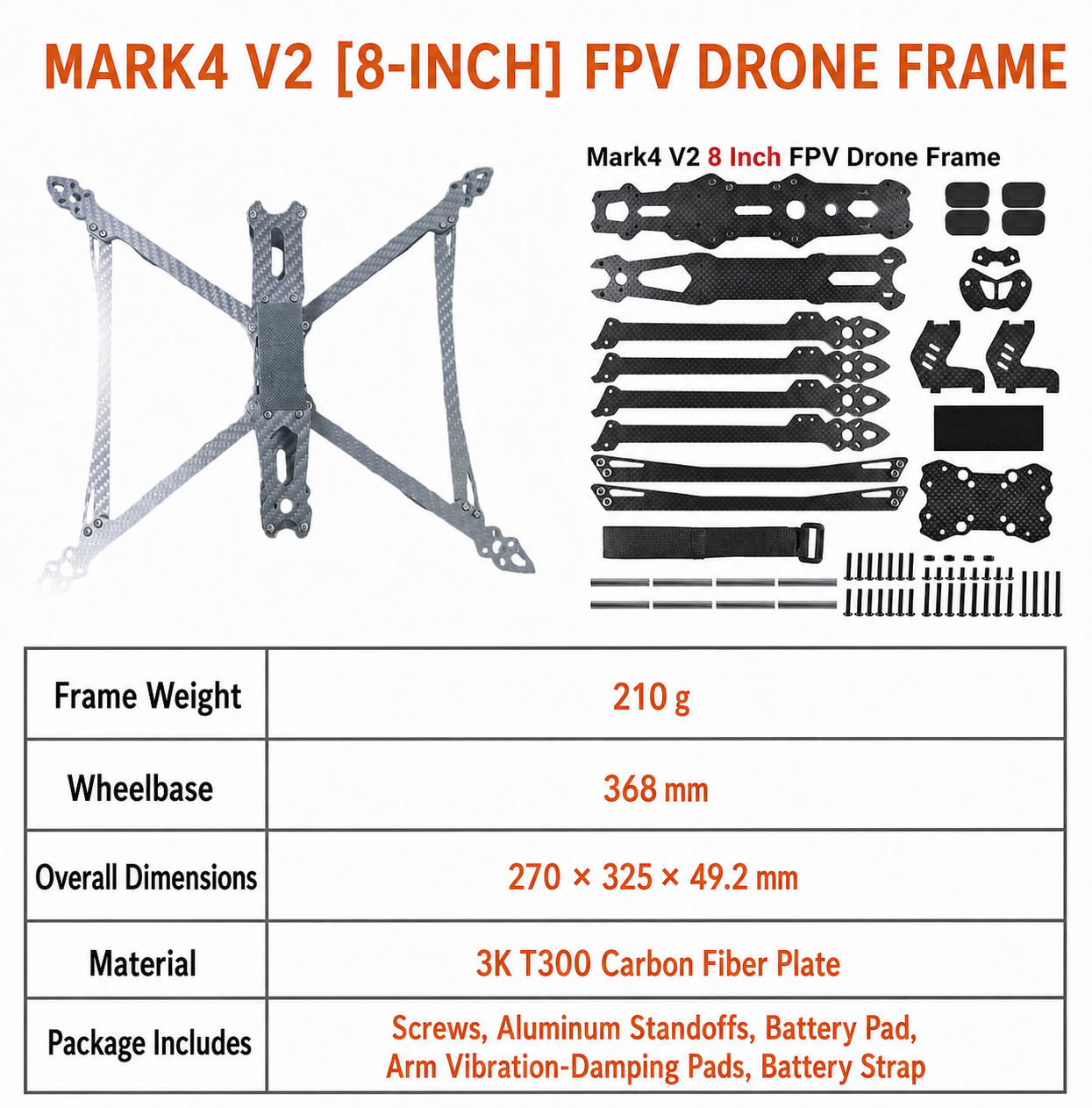 MARK4 V2 8英寸碳纤维 FPV 无人机机架及全套配件