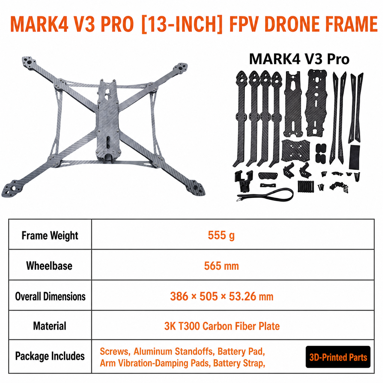 MARK4 V3 Pro 13英寸碳纤维 FPV 无人机机架及全套配件