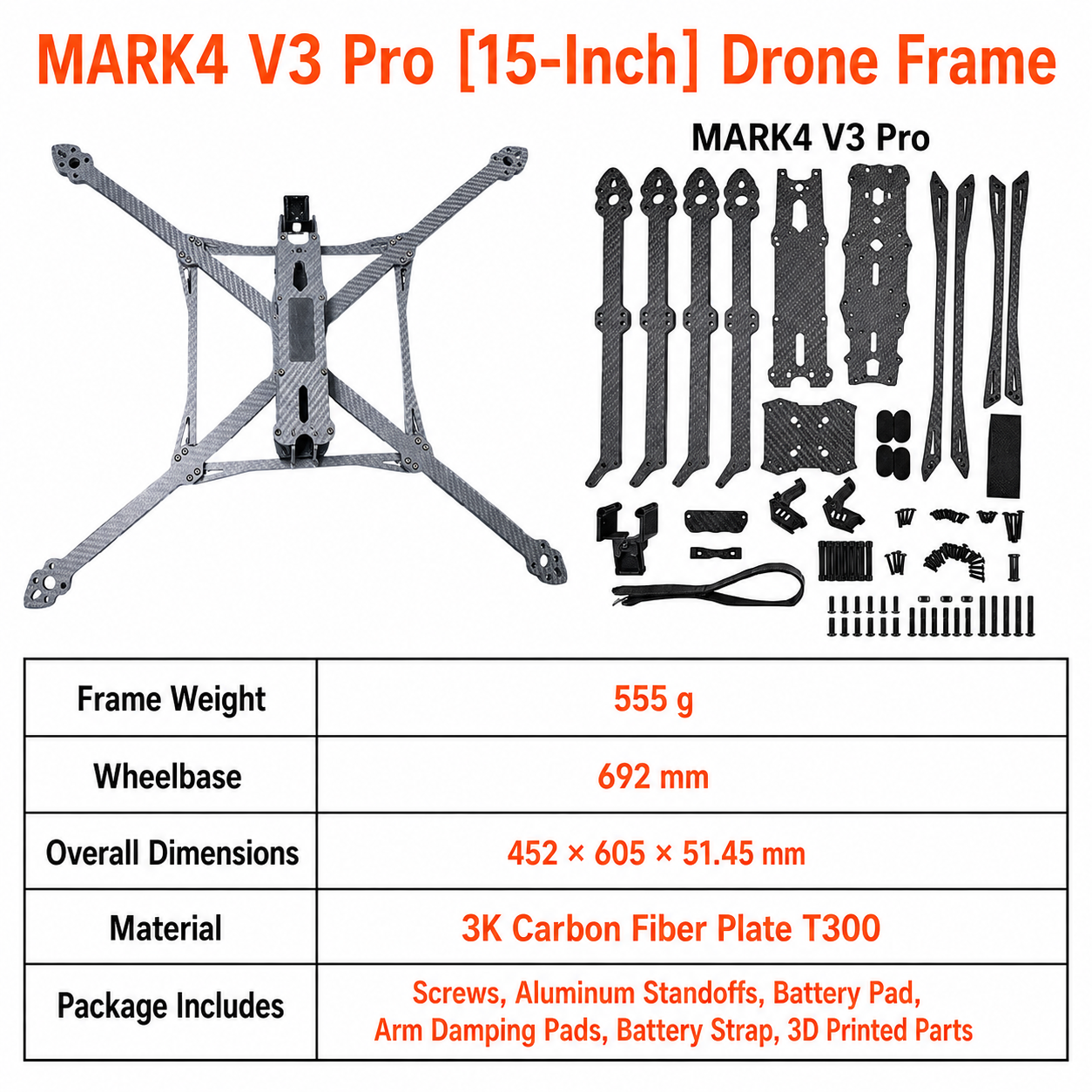 MARK4 V3 Pro 15英寸碳纤维 FPV 无人机机架及全套配件